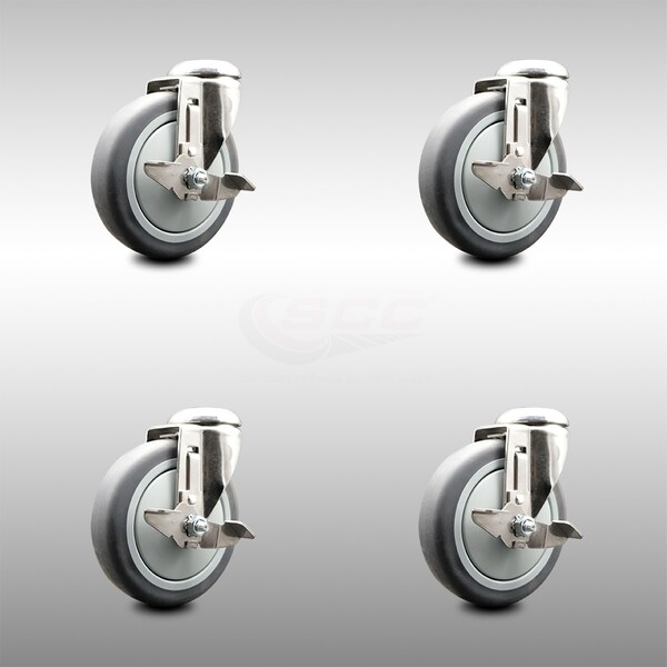 5 Inch 316SS Thermoplastic Rubber Wheel Swivel Bolt Hole Caster Set with Brake